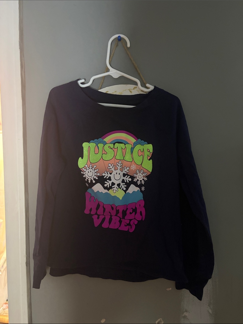 Justice Navy Sweatshirt with Neon Rainbow Winter Graphic